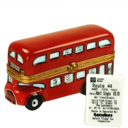 London Double-Decker Bus w/ Ticket Limoges Box by Beauchamp, Authentic Hand-Painted French Porcelain Trinket Box | Travel Collectible Limoges Boxes