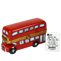 London Double-Decker Bus w/ Ticket Limoges Box by Beauchamp, Authentic Hand-Painted French Porcelain Trinket Box | Travel Collectible Limoges Boxes