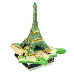 Eiffel Tower Limoges Box over Map of Paris, Authentic Retired Hand-Painted French Porcelain Trinket Box Imported from Limoges France