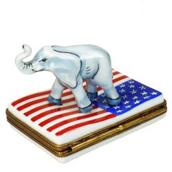 Elephant on US Flag Republican Limoges Box by Beauchamp, Authentic Hand-Painted Patriotic Limoges Boxes France Luxury Gift