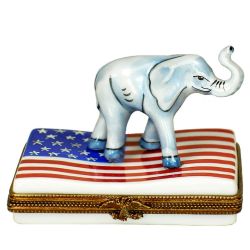 Elephant on US Flag Republican Limoges Box by Beauchamp, Authentic Hand-Painted Patriotic Limoges Boxes France Luxury Gift