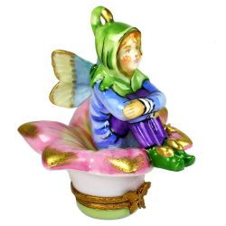 Garden Fairy Seated On Flower Limoges Box | ROCHARD Authentic Peint Main Limoges France Box | Hand-Painted French Porcelain Gift