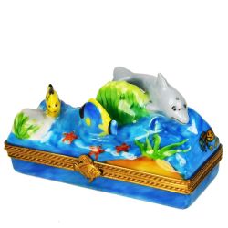 Tropical Fish & Dolphin Underwater Seascape Limoges Box by Beauchamp | Authentic Hand-Painted French Porcelain Gift Imported from Limoges, France