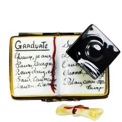 Graduation Book with Cap Limoges Box and Diploma, Retired Authentic Hand-Painted French Porcelain Collectible Gift