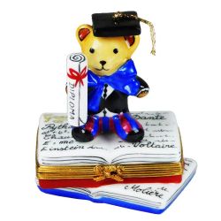 Graduation Teddy Bear with Diploma Limoges Box by Beauchamp, 100% Authentic Hand-Painted French Porcelain Gift for the Graduate