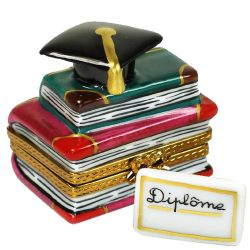 Graduation Cap on Stack of Books Limoges Box by Beauchamp, 100% Authentic Hand-Painted French Porcelain Gift for the Graduate