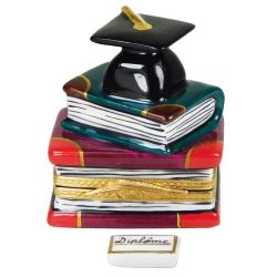 Graduation Cap on Stack of Books with Diploma Limoges Box by Beauchamp, 100% Authentic Hand-Painted French Porcelain Gift