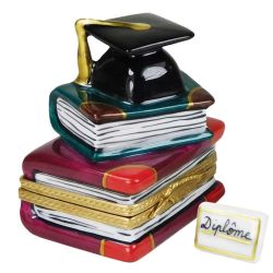 Graduation Cap on Stack of Books with Diploma Limoges Box by Beauchamp, 100% Authentic Hand-Painted French Porcelain Gift
