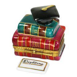 Graduation Cap on Stack of Books Limoges Box by Beauchamp, 100% Authentic Hand-Painted French Porcelain Gift for the Graduate