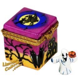 Halloween Haunted House, Witch & Bats Square Limoges Box (Beauchamp)