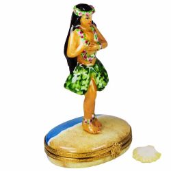 Hawaiian Hula Dancer Limoges Box by Beauchamp, Authentic Hand-Painted French Porcelain Summer Vacation Collectible & Gift Imported from France