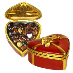 Red Heart with Chocolates Limoges Box by Rochard Love & Valentines Limoges boxes French porcelain trinket box