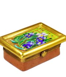 Irises Painting in Gold Frame Limoges Box, Retired Authentic Hand-Painted Van Gogh Art French Porcelain Collectible and Gift for Art Lovers