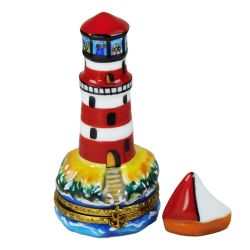Lighthouse with Boat Limoges Box by Beauchamp, Authentic Hand-Painted French Porcelain Nautical Decor Collectible Gift, Imported from Limoges, France