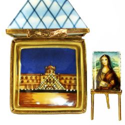 Louvre Museum Pyramid with Mona Lisa Limoges Box by Beauchamp for Paris Travel Art Lovers Porcelain French Limoges Fine Art Trinket Box