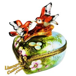 Lovebirds on Tree Branch with Nest Heart Limoges Box