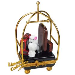Luggage in Hotel Cart with White Poodle Porcelain Limoges Box