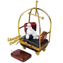 Luggage in Hotel Cart with White Poodle Porcelain Limoges Box