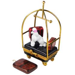 Luggage in Hotel Cart Limoges Box with White Poodle, Authentic Hand-Painted French Porcelain Limoegs Trinket Box Collectible Gift