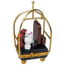 Luggage in Hotel Cart Limoges Box with White Poodle, Authentic Hand-Painted French Porcelain Limoegs Trinket Box Collectible Gift