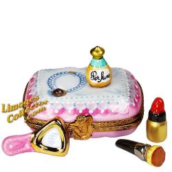 Makeup Box with Perfume Bottle, Mirror, Lipstick & Brush Limoges Box (Beauchamp) 
