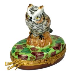 Grey Owl on Tree Trunk Limoges Box (Beauchamp)