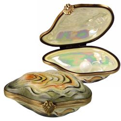 Large Oyster with Pearl Limoges Box by Beauchamp, Authentic Hand-Painted French Porcelain Beach Collectible & Gift