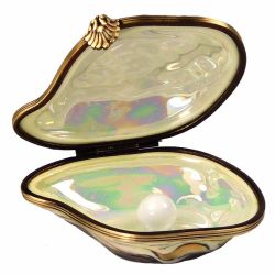 Large Oyster with Pearl Limoges Box by Beauchamp, Authentic Hand-Painted French Porcelain Beach Collectible & Gift
