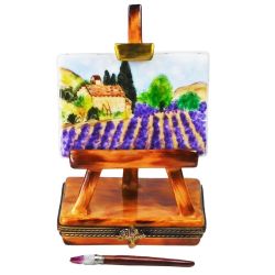 Lavender Fields of Provence Painting Limoges Box on Easel with Paintbrush | Authentic Hand-Painted French Porcelain Art Collectible Trinket Box