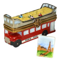 Paris Tour Bus with Postcard Limoges Box by Beauchamp, Authentic Hand-Painted Limoges Boxes Paris Travel Collectible & Gift Souvenir Trinket Box