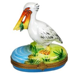 Pelican with Fish at Waterfront Limoges Box by Beauchamp, Authentic Hand-Painted French Porcelain Animal Collectible Gift