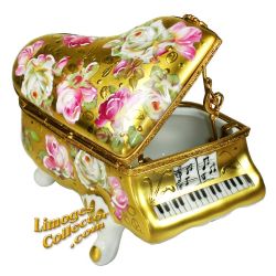 Baby Grand Piano with 24K Gold & Rose Design Limoges Box