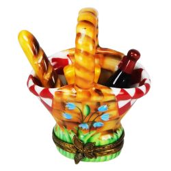 Limoges Box Picnic Basket, Wine, Cheese, Bread Baguette by Rochard, Authentic Hand-Painted French Porcelain Collectible Gift