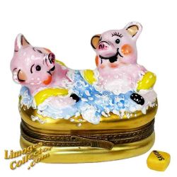 Pigs Bubble Bath in Gold Bathtub Limoges Box (Beauchamp)