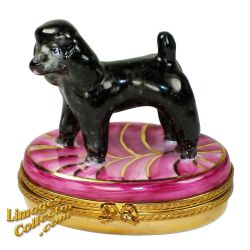 Black French Poodle Standing on Pink Cushion Limoges Box (Beauchamp)