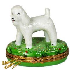 White Poodle in Flowery Grass Limoges Box by Beauchamp