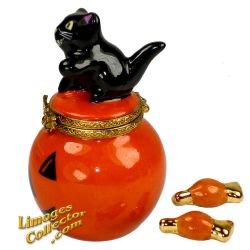 Jack-O-Lantern Pumpkin with Black Cat & Candies Limoges Box (Beauchamp)