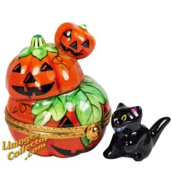 Stack of 3 Halloween Jack-O-Lantern Pumpkins with Black Cat Limoges Box (Beauchamp)