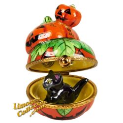 Stack of 3 Halloween Jack-O-Lantern Pumpkins with Black Cat Limoges Box (Beauchamp)