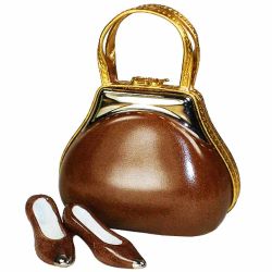 Designer Brown Handbag & Shoes Limoges Box by Beauchamp for Fashionable Collector, 100% Authentic French Porcelain