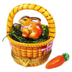 Bunny Rabbit in Easter Basket Limoges Box with Carrot by Beauchamp | Authentic Hand-Painted French Porcelain Gift for Easter