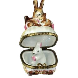 Limoges Box Mama Rabbit in Rocking Chair with Baby Rabbits by Beauchamp, 100% Authentic Hand-Painted French Porcelain Collectible Gift 