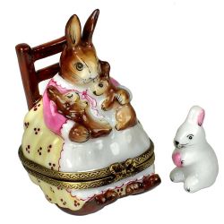 Limoges Box Mama Rabbit in Rocking Chair with Baby Rabbits by Beauchamp, 100% Authentic Hand-Painted French Porcelain Collectible Gift 