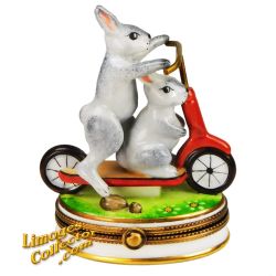 Bunny Rabbit Duo Riding on Scooter Limoges Box (Retired)
