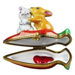 Loving Rabbit Couple on Carrot Limoges Box by Beauchamp | Valentines Day Limoges Boxes | Limoges Trinket Box
