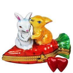 Loving Rabbit Couple on Carrot Limoges Box by Beauchamp | Valentines Day Limoges Boxes | Limoges Trinket Box