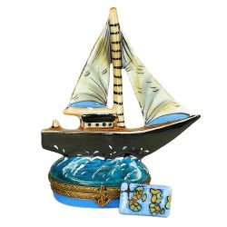 Sail Boat Limoges Box with Postcard by Beauchamp, Authentic Hand-Painted French Porcelain Nautical Collectible Gift Imported From Limoges, France
