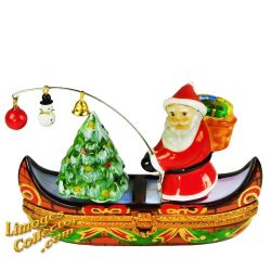 Santa Claus Fishing in Canoe with Christmas Tree Limoges Box (Beauchamp)