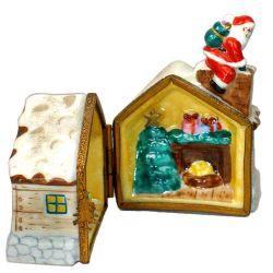 Santa on Chimney Roof of House Decorated for Christmas Limoges Box | Authentic Hand-Painted French Porcelain Holiday Decor and Gift