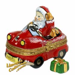 Santa Claus in Red Car with Gifts Limoges Box (Beauchamp)